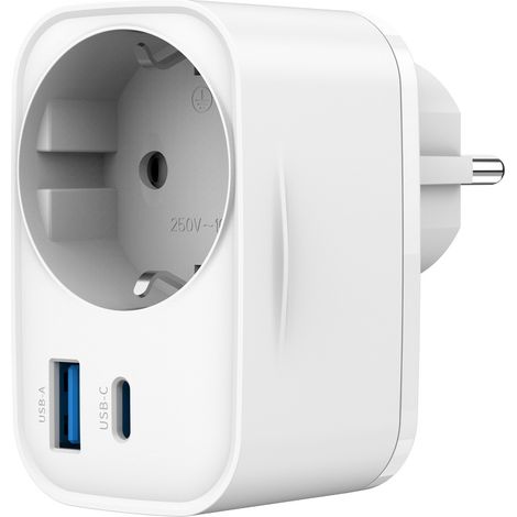 Cargador rÃ¡pido USB de 2 puertos con toma de CA de paso, 20 W, blanco