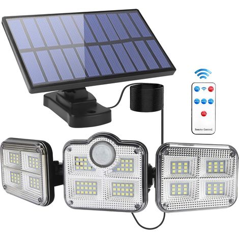 Lampe Solaire Extérieur,Lumière Solaire Détecteur de Mouvement,LED Feux de Sécurité Exterieur avec 3 Têtes Réglables éclairage 270°,Étanche IP65,Spot Mural Extérieur avec Télécommande,Câble de 16,5ft (1/5)