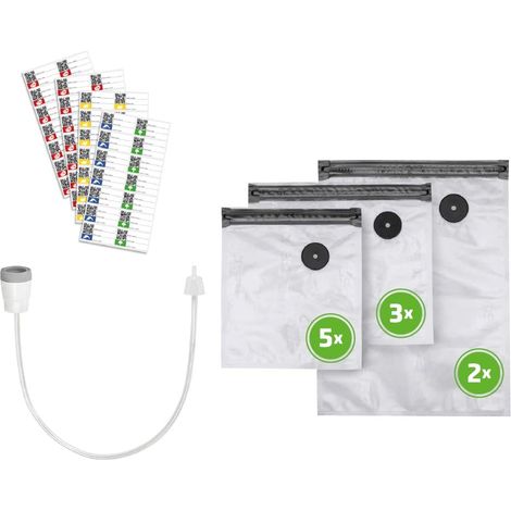 CASO Vacu - Set di Adattatori per Sottovuoto Con Adattatore ZIP, Tubo, 10 Sacchetti e Adesivi Food Manager - Bianco, Trasparente