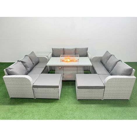 Fimous PE Rattan Lounge Sofa Set 11 Seater Outdoor Garden Furniture Set with Firepit Dining Table 3 Seater Sofa 2 Big Footstools Side Table Light Grey (1/4)