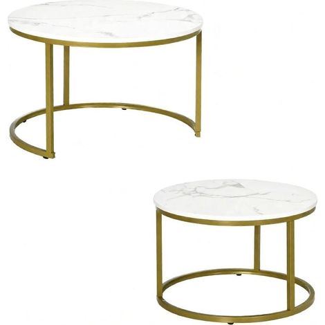 Lot de 2 tables basses gigognes rondes, plateau effet marbre blanc, structure métal doré, idéales pour petit salon, chambre ou bureau, style moderne - CHICFURN (1/5)