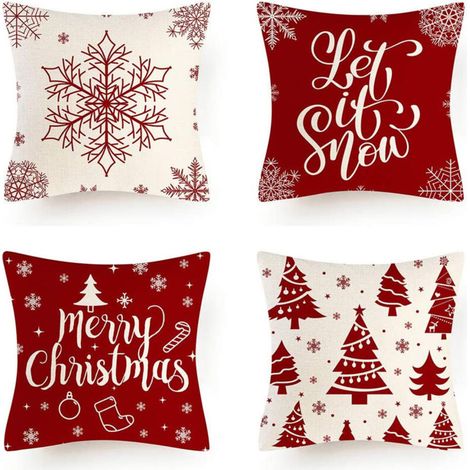 4-teiliges Weihnachtskissenbezug-Set, weihnachtliche Motive, dekorativer Kissenbezug, Kissenbezüge aus Leinen und Baumwolle (45 x 45 cm, Weihnachtsrot) (1/5)