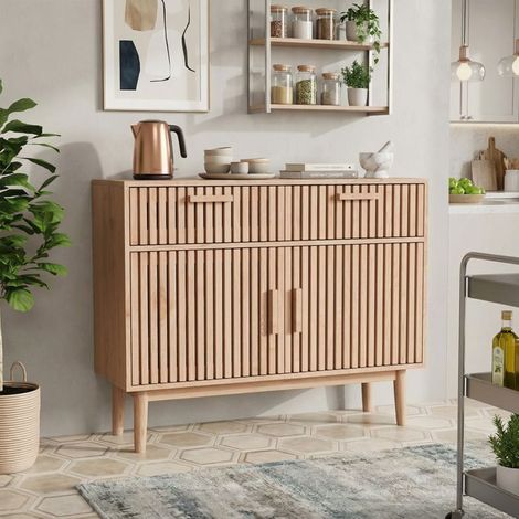 Buffetküche aus massivem Holz 100 x 35 x 80 cm – 2 Schubladen, 2 Türen, kippsicher – skandinavischer Stil