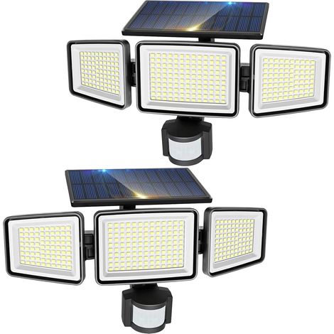[Lot de 2 Lumiere Solaire Exterieur Detecteur de Mouvement 302LED, 3 Têtes Réglable Lampe Solaire Exterieur, 3 Mode/Étanche Eclairage Exterieur pour Jardin Garage Terrasse Patio Porche Allée