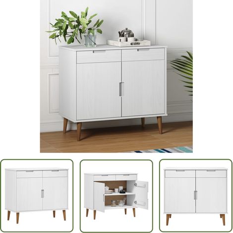 The Living Store Sideboard MOLDE Weiß 90x40x80 cm Massivholz Kiefer - Holz Sideboard - Weißes Sideboard - Wohnzimmermöbel - Skandinavisches Design - Massives Kiefernholz (1/5)