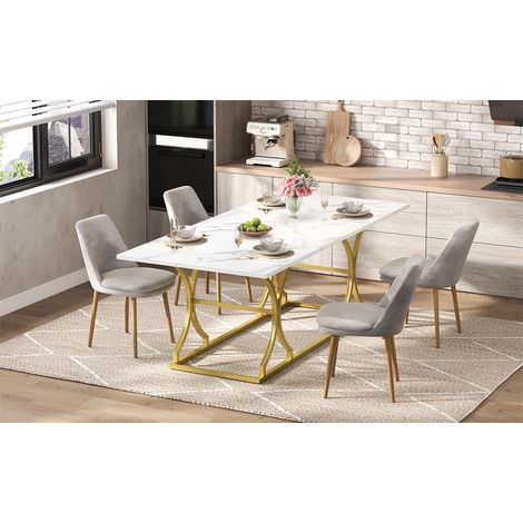 Table à Manger Effet Marbre - 200x80x76 cm - Grande Table pour 8-10 Personnes avec Pieds en Métal Doré - Blanc et Or (1/5)