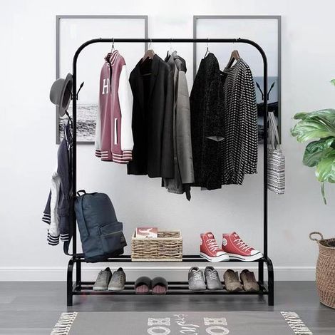 Portant à vêtements noir - penderie - cintre - avec étagère à chaussures - portant - support à vêtements - stable - barre à vêtements - portant à vêtements - métal (1/5)