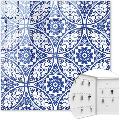 Armoire à clés - (30 cm x 30 cm) - Boîte à clés murale - Coffret de rangement pour clés - Couleur blanche - Ouverture vers la gauche - Pour maison et bureau - Mosaïque bleue (1/5)