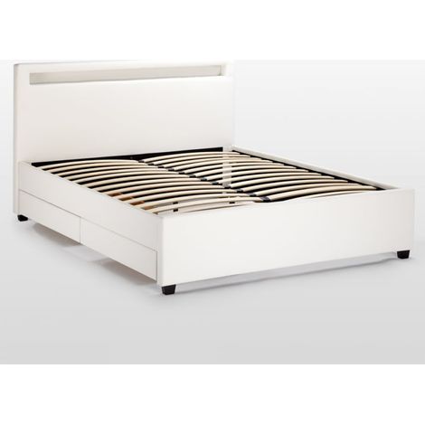 Moderna cama de matrimonio 2 plazas con cabecero cajones led 160x190 GINEBRA REY - Blanco