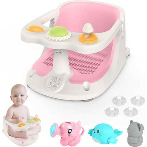 Siège de Bain pour Bébé de 6 Mois et Plus, Anneau de Bain Bébé Antidérapante, Transat de Bain pour Bébé, Chaise de Douche pour Bebe avec 4 Ventouses, Siège Baignoire avec Jouet (Rose) (1/5)