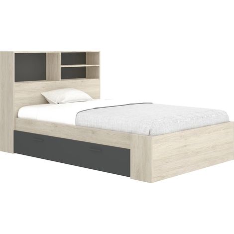 Letto 120 x 190 cm Con vani portaoggetti Naturale e Antracite - VARDIEL
