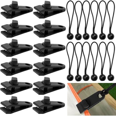 12 x Tarp Clips,Canvas Tarpaulin Fixing Clips,Outdoor Tents,Clamps for Awnings Tents,Camping Accessory,with 12 Camping Tarpaulin Cords (1/5)