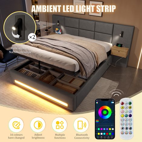 Lit 160x200 cm, sommier/polsterbett européen à tête de lit en velours, tiroirs de rangement pratiques, veilleuse LED, ports USB-C, coffre hydraulique sous le lit et structure en métal robuste. (1/5)