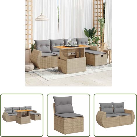 vidaXL Canapé avec accoudoirs - Salon de jardin 6 pcs avec coussins beige résine tressée acacia (1/5)