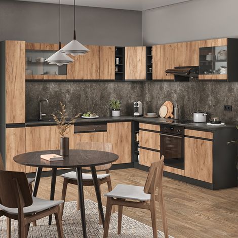 Cocina esquinera R-Line, Roble dorado/Antracita, 277 x 257 cm En forma de J, sin encimera, Vicco (1/5)