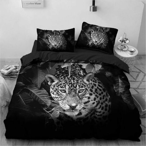 Bettwäsche Set 200x200 cm Leopard Schwarz Grau Mikrofaser 3-teilig mit Reißverschluss