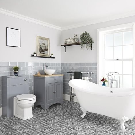 Milano Thornton Light Grey Bathroom Suite with Freestanding Double Ended Slipper Bath and Feet 645mm Vanity Unit with Countertop Basin and Back to Wall Toilet WC Unit - White Ball & Claw Feet (1/5)