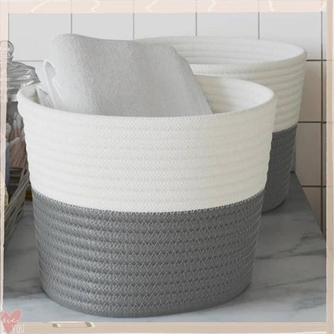 Paniers de rangement - VINGVO - 358453 - gris et blanc - coton tressé pliable - lot 2 pcs Ø24x18 cm (1/5)