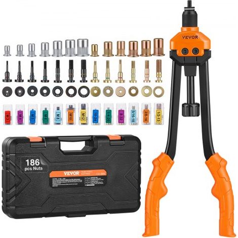 Riveteuse Manuelle pour Écrou à Sertir 41 cm Pince à Insert Fileté avec 13 Mandrins 186 Écrous de 13 Tailles Outil à Riveter Bouton de Dérivetage Mallette Portable pour Automobile Bricolage (1/4)