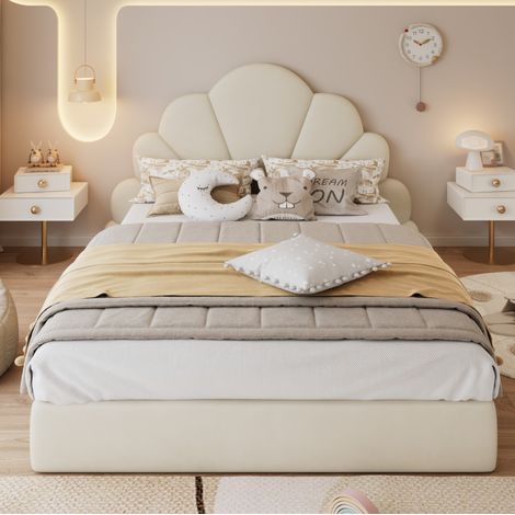 Doppelbett 140x200 cm Beige Samt mit Blüten-Kopfteil und rutschfestem Boden (1/5)
