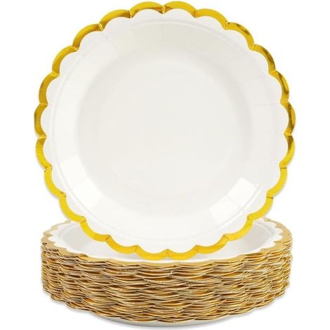 50 Assiettes Jetables, Bordure Festonnée Or Blanc, Carton Alimentaire 18cm, Anniversaire Mariage (1/5)
