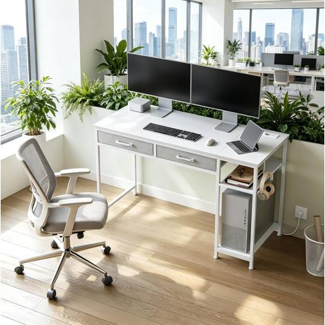 MEUBLIV Scrivania 120x51 cm bianca – 2 cassetti, ripiano laterale e presa integrata (1/5)