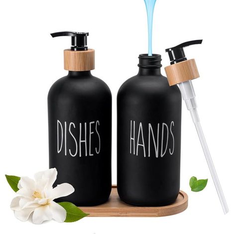 Tigrezy Ensemble élégant de distributeurs de Savon en Verre avec Plateau - Décoration Noir et Blanc pour Salle de Bains et Cuisine - Capacité de 500 ML (Noir)