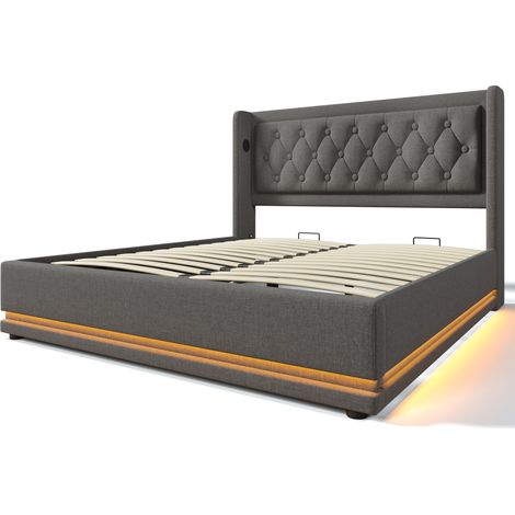 Polsterbett 160 x 200 cm grau, Baumwolle, 3-seitige LED, USB/USB-C, ohne Matratze (1/5)