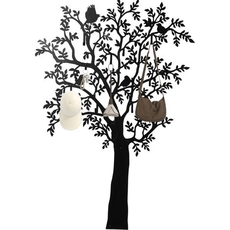 Appendiabiti da parete in metallo nero design albero con uccelli, 8 ganci, 120 x 175 cm (1/5)