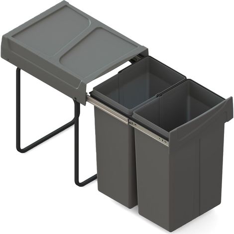 emuca contenedor de reciclaje para fijación inferior y extracción manual en mueble de cocina recycle 2x25litros, plástico gris antracita
