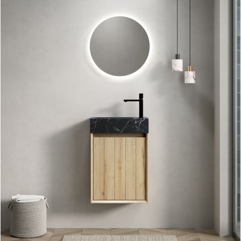 Lavabo mural con mueble (48x29x66 cm), integrado, para espacios pequeños, una puerta, mármol negro, roble blanco (1/5)