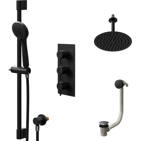 Colore Round Matt Black Concealed Triple Thermostatic Shower Valve with Diverter and 200mm Fixed Head with 150mm Ceiling Arm and Slide Rail Kit with Free-Flow Bath Filler - 3 Outlet (1/5)