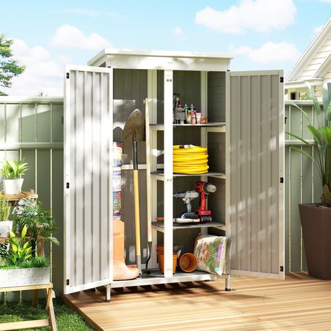 Gartenschrank mit herausnehmbaren Einlegeböden und abschließbarer Tür, Holz und Stahl, 94 x 43 x 166 cm, Schwarz und Weiß