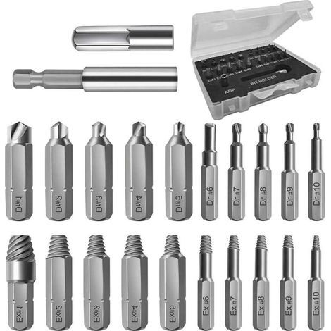 Kit de 22 extracteurs de vis pour vis endommagées, comprenant un extracteur de boulons HSS avec porte-embout magnétique et adaptateur pour douilles, idéal pour les vis cassées et les boulons foirés. (1/5)