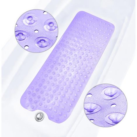 Tapis de bain antidérapant, extra-long 100x40 cm, avec trou de drainage à ventouse, tapis de douche anti-moisissure, violet