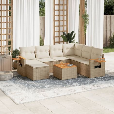 Ensemble de jardin 8 places en résine tressée beige avec coussins lavables et table acacia - Salon extérieur modulaire (1/5)