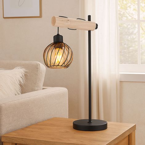 Lampada da tavolo a LED in vetro ambrato lampada da tavolo retro in legno, metallo nero, 1x 7W 806Lm bianco caldo, LxLxH 33x18x55 cm (1/5)