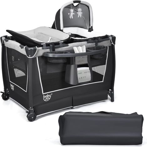 COSTWAY 4 in 1 Foldable Travel Cot, Portable Baby Bed Playard with Bassinet, Changing Table, Cradle, Music Box, Wheels and Carry Bag, Nursery Center for Boys and Girls (Grey) (1/5)