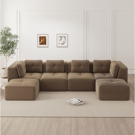 Canapé d'angle modulaire U avec ottomane, 386 x 177 x 69 cm, en velours côtelé marron HAVRYA (1/5)