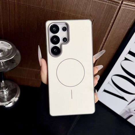 Étui de téléphone magnétique en cuir blanc pour Galaxy S24+ avec anneau métallique pour objectif, protection antichoc.