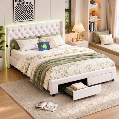 Lit double 140x190 cm avec 2 tiroirs, lit adulte avec rangement et sommier à lattes, tête de lit led avec usb, beige velours lit capitonné (1/5)