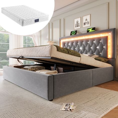 Letto contenitore matrimoniale 140x200 cm con materasso, sollevamento idraulico, LED, USB e Type-C, in velluto grigio (1/5)