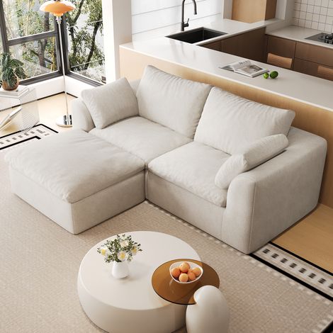Sofá esquinero de 3 plazas 180x155x83 cm en lino beige blanco con espuma - MEUBLIV (1/5)