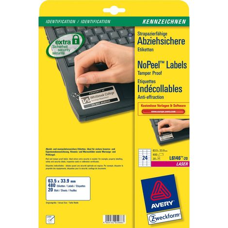 Etichette bianche antimanomissione Avery non rimovibili - 63,5x33,9 mm - 24 et/foglio per laser - cf. 20 ff L6146-20 (1/2)
