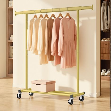 Portant à Vêtements avec Roulettes, Tringle Extensible, Capacité de Charge 100 kg, 45 x (92-132) x 161,5 cm, Montage Facile, Doré (1/5)