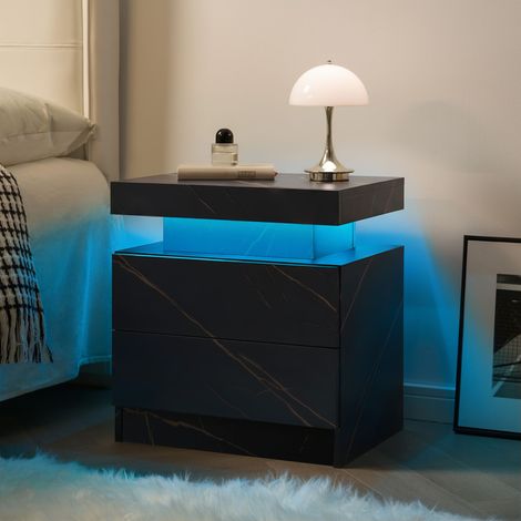 Table de chevet LED 2 tiroirs et niche, meuble bas de rangement pour chambre, bois d’ingénierie, noir mat (1/5)