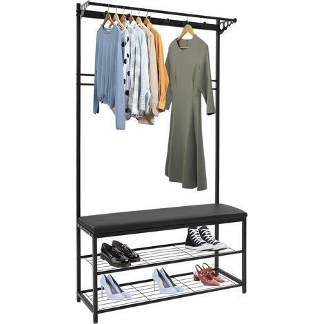 Porte-manteau avec banc 100 x 33 x 170 cm, porte-vêtements avec crochets et étagère à chaussures à 2 niveaux, étagère de couloir pour entrée, chambre à coucher, salon, design industriel (noir)