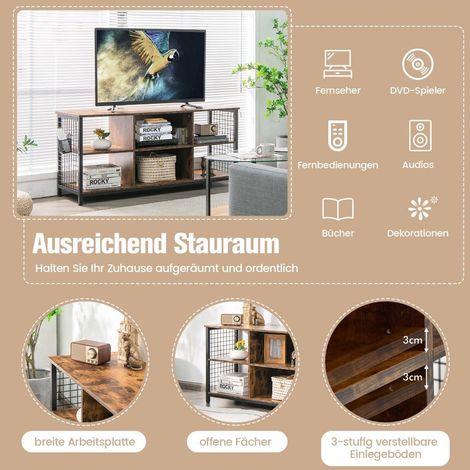 Mueble TV bajo con compartimentos abiertos Estantería para televisores de hasta 65 pulgadas 140 x 40 x 62,5 cm Marrón rústico