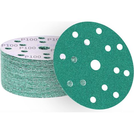Disques abrasifs 150 mm grain 100, papier abrasif en alumine calcinée 15 trous, revêtement abrasif antiadhésif pour ponceuse orbitale (50 pièces) (1/5)
