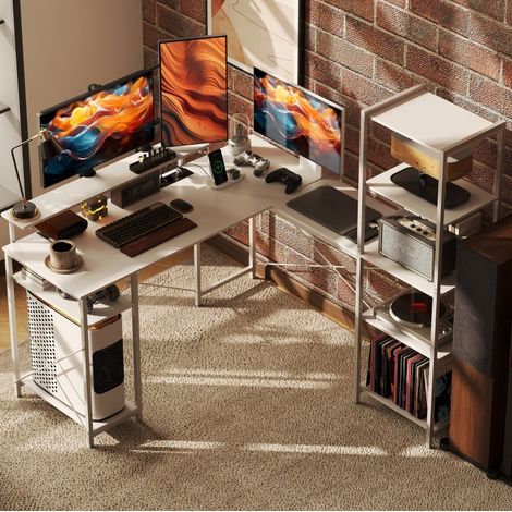 L-förmiger Eckschreibtisch mit Regalen, Monitorständer, USB/USB-C, 137 x 140 cm, Weiß HAVRYA (1/5)